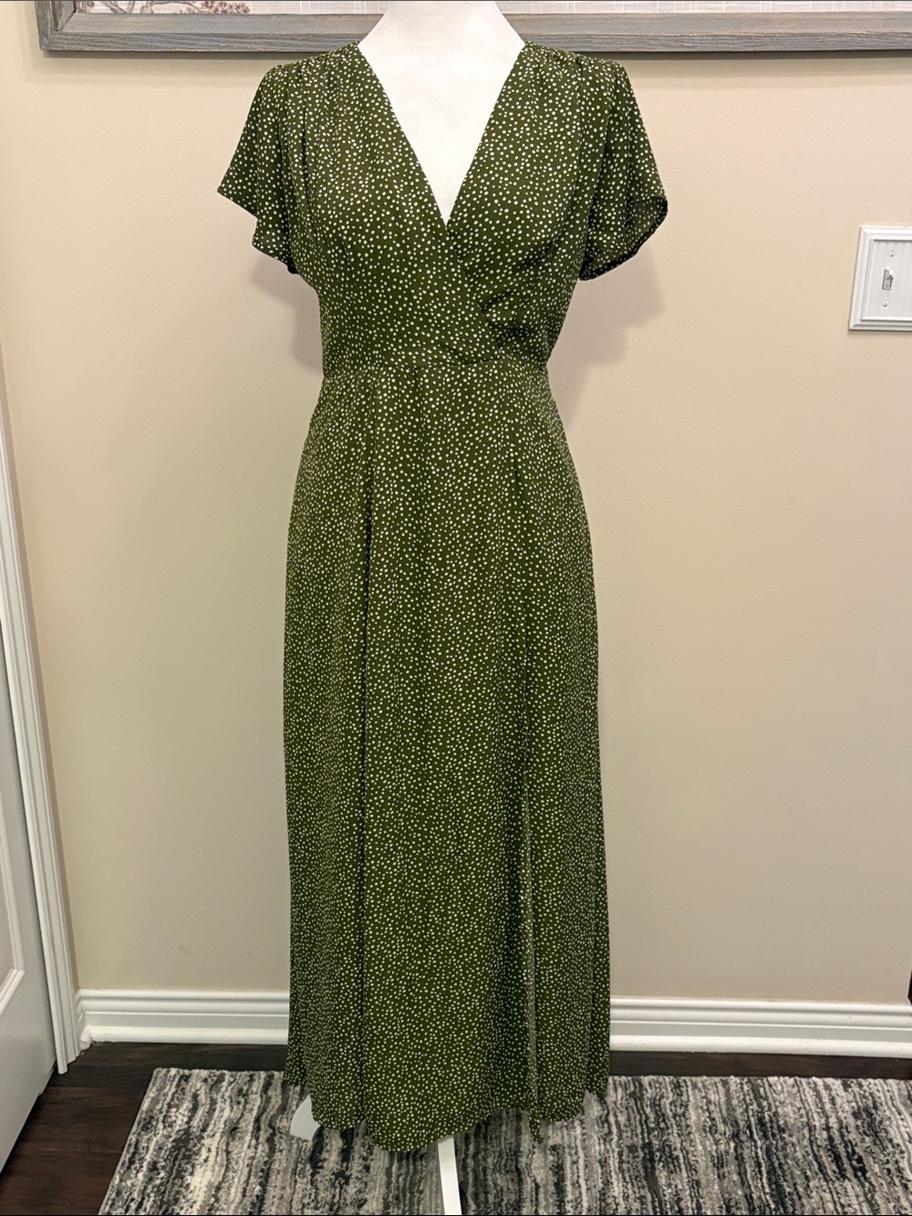 Blue Rain Green Polka Dot V-Neck Maxi Dress Size Small side zipper - Picture 2 of 16